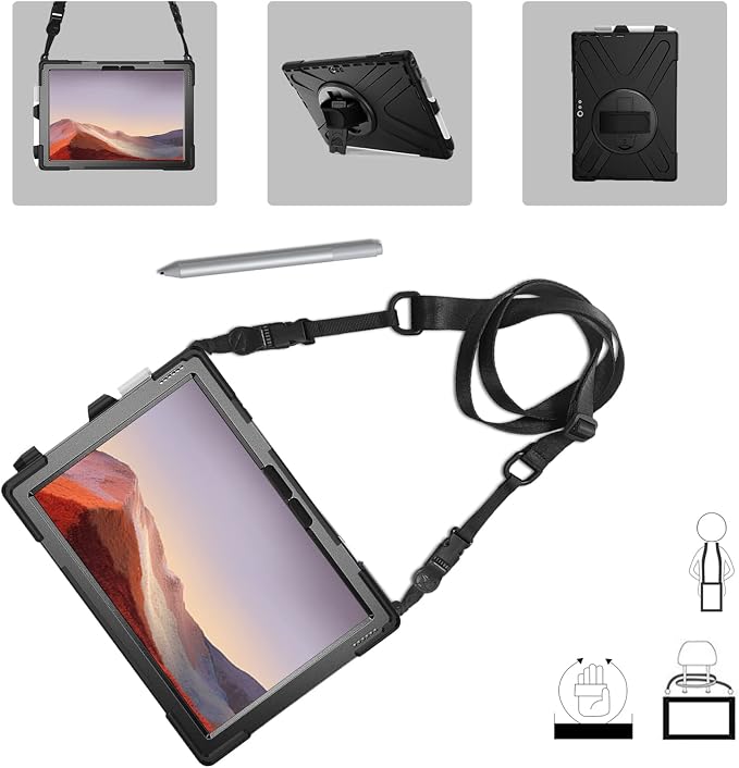 ProCase Surface Pro 6/ Surface Pro 5/ Pro 4/ Pro LTE Case Full Body Hybrid Protective Case 360 Degree Rotatable Heavy-Duty Cover with Adjustable Hand Strap Shoulder Belt and Kickstand -Black