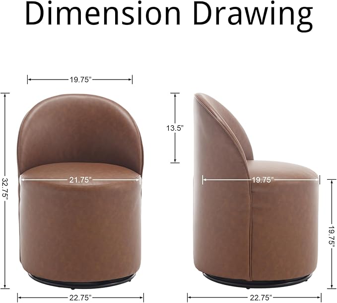Modern Barrel Chair Swivel Base Cognac PU Leather Accent Chair 360°Rotating Vanity Chair Mid-Century Dining Side Chair Kitchen Chair for Living Room, Bedroom, Home, Office, Kitchen(Brown)
