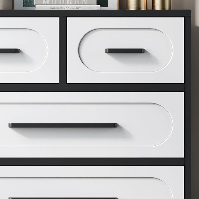 Dresser for Bedroom, 44" Tall Dressers & Chests of Drawers w/Solid Wood Handle, Wood Mid Century Closet Organizers and Storage Cabinet for Bedroom, Living Room, Hallway, Black/White