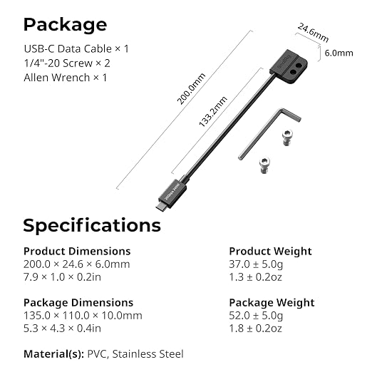 SMALLRIG USB-C Male to Female Data Cable (7.9 inch) 240W Fast Charging / 20Gbps Data Transfer for Camera Cages &amp L-Shaped Plates USB 3.2 Gen 2x2-5078