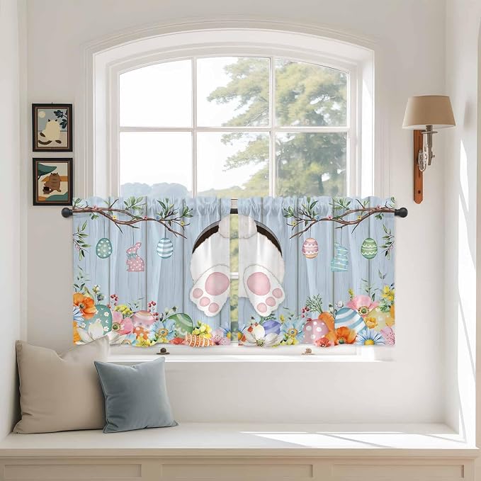 Easter Kitchen Tier Curtains 24 Inch Long 2 Panel Set, Rod Pocket Cafe Small