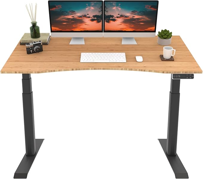 FLEXISPOT E6 Pro Oval Leg Dual Motor 3 Stages Bamboo Electric Standing Desk 60x30 Inch Whole-Piece Board Height Adjustable Electric Sit Stand Up Desk (Black Frame + Bamboo Curved Desktop)