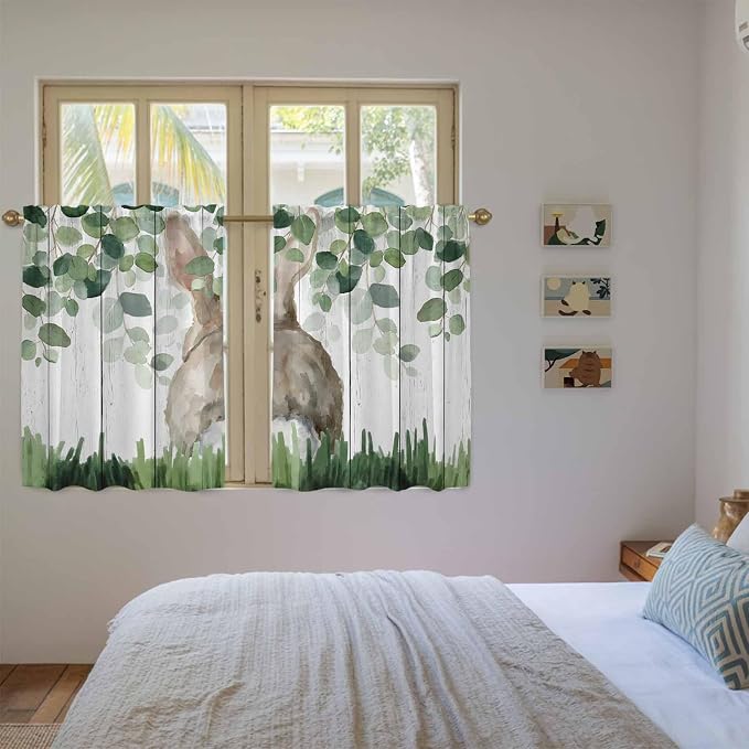 Easter Tier Curtains, Country Rabbit Botanical Leaves Wooden Grain Light