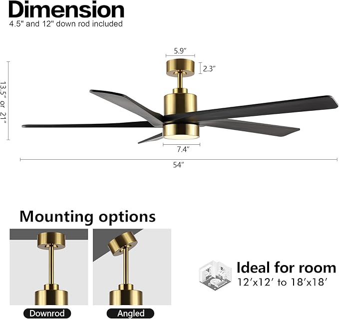 WINGBO 54 Inch DC Ceiling Fan with Lights and Remote Control, 5 Reversible Carved Wood Blades, 6-Speed Noiseless DC Motor, Modern Ceiling Fan in Brass Finish with Black Blades, ETL Listed