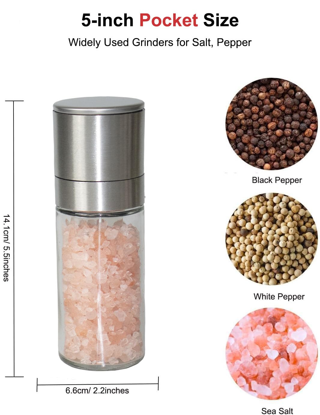 TooWoom Pepper Grinder Salt Grinder, 5 inch Stainless Steel Pepper Mill w/Adjustable Coarseness, Refillable Salt with Funnel, Cleaning Brush, Manual Pepper Grinder for Black Peppercorns