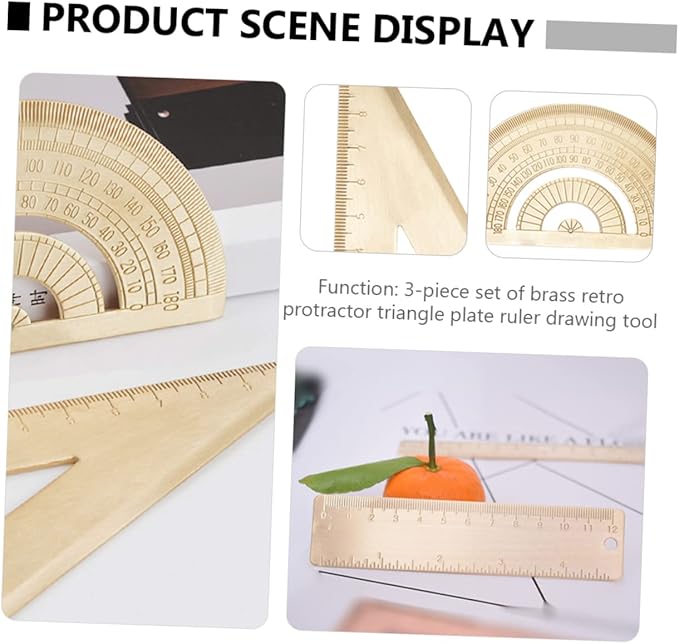 TEHAUX Brass Protractor and Triangle Ruler Set Geometry Measurement Tools for School and Drafting Scale for Accurate Drawings Lightweight and Portable