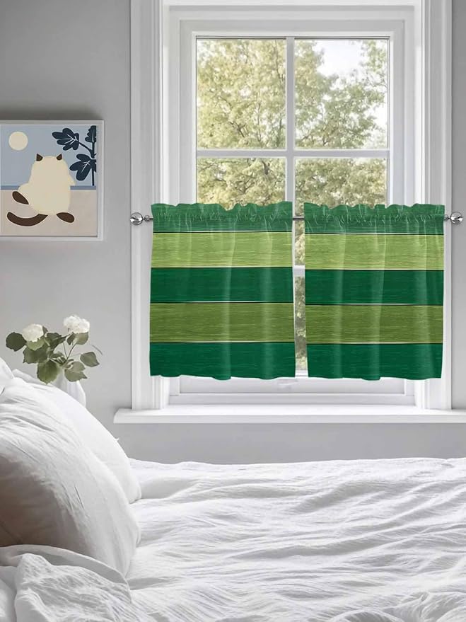 Farm Retro Green Wood Grain Window Valance Curtains, Rustic Wooden Plank