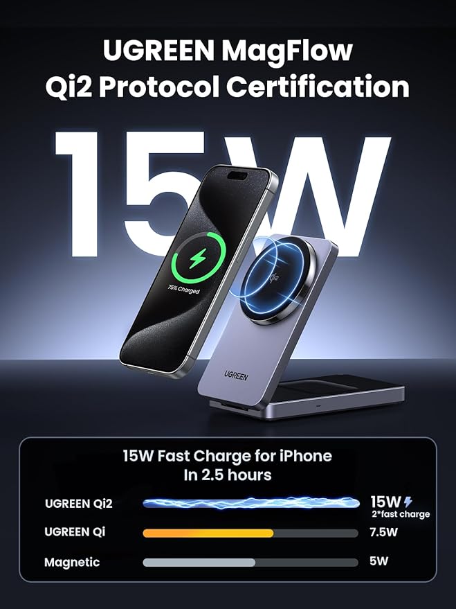 UGREEN Qi2 15W MagFlow Wireless Charger, 2-in-1 MagSafe Fast Charging Station, Foldable Charger Stand for iPhone 17/16/15/14/13/12 Series, AirPods 4/3/2/Pro, with a 3.3FT USB C Charging Cable Grey