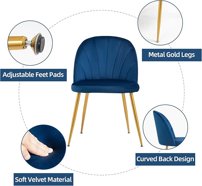 Velvet Dining Chairs Set of 6, Upholstered Mid Century Modern Dining Chairs, Armless Accent Chair with Metal Gold Legs for Living Room, Kitchen, Dining Room, Blue