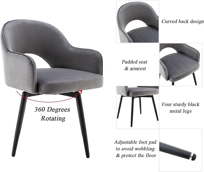 DUOMAY Swivel Dining Chair Set of 6, Velvet Upholstered Side Chair Modern Accent Guest Chair Home Office Desk Chair with No Wheels for Dining Room Living Room Office, Grey