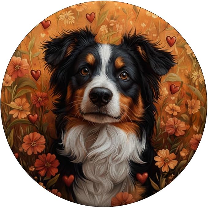 Australian Shepherd Dog Flowers With Hearts Around Graphic PopSockets Standard PopGrip