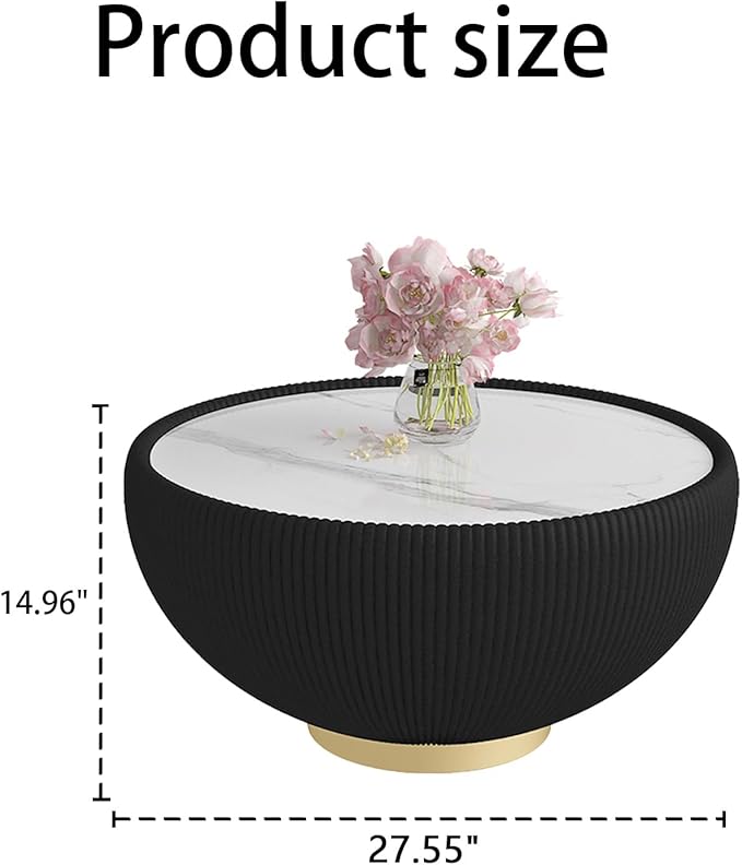 Black Round Coffee Table with Sintered Stone Tabletop, 27.56" Drum Coffee Table with Fluted PU Leather Covered and Metal Base, Circle Cocktail Tea Table for Living Room
