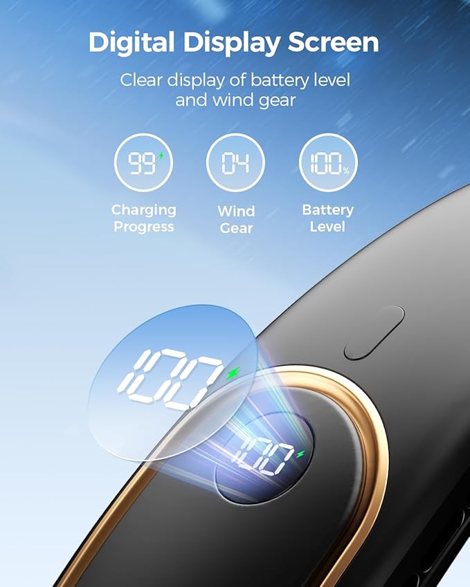 SHEWIND Portable Neck Fan - 5000mAh Rechargeable Hands-Free Wearable Fan | 4 Speeds, Bladeless & LED Display | Personal Cooling Fan for Travel, Outdoors, Camping - Black