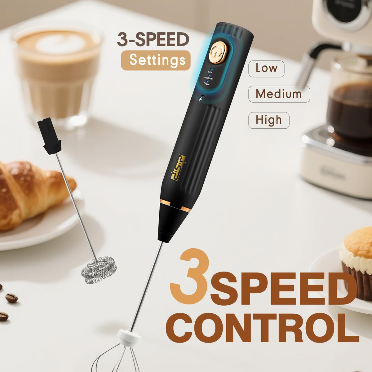 DSP Electric Whisk Rechargeable with Egg whisk milk frothing bar, 3 Speed Adjustable, Milk Frother Handheld for Latte, Cappuccino (Black)