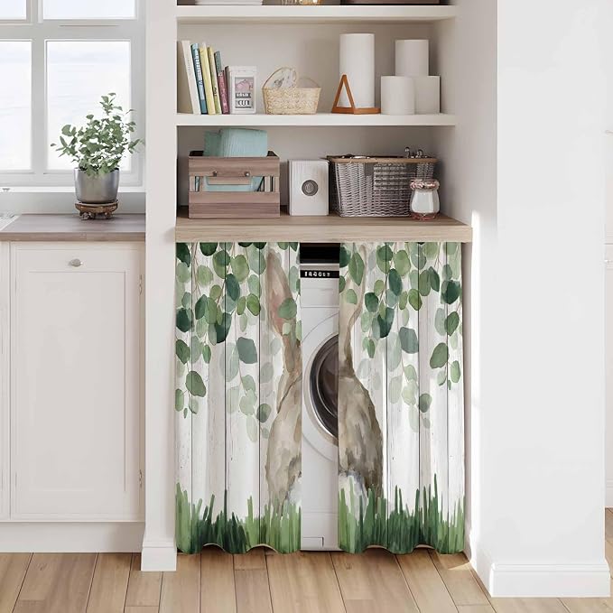 Easter Kitchen Curtains, Country Rabbit Botanical Leaves Wooden Grain Light