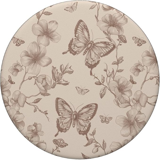 Vintage Butterfly Flower Toile Pattern Tan Sand Beige Brown PopSockets PopGrip for MagSafe