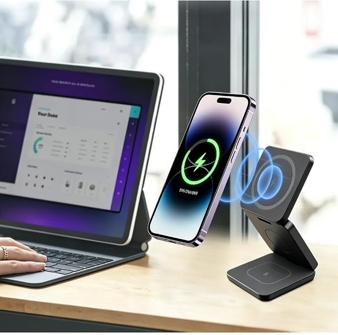 3 in 1 Magnetic Wireless Charger Stand Fast Charging Dock for iPhone 16 15 14 13 12 Compatible (Black)