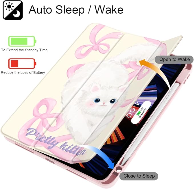Case for iPad 12.9 Inch (6th/5th/4th/3rd Generation 2022/2021/2020/2018) Pencel Holder + Trifold Support Auto Sleep/Wake Transparent Shockproof Back Cover Abstract Floral SD163