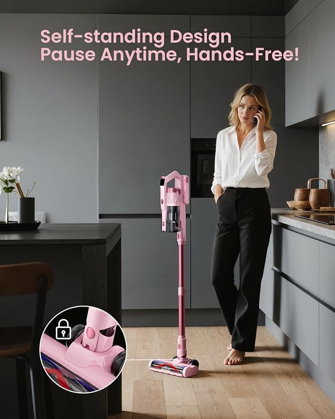 Cordless Vacuum Cleaner for Home, Upgraded 60Kpa Powerful Suction Pet Hair Vacuum with 70min Runtime, Green LED Light for Hardwood Floors & Carpet, Self-Standing Rechargeable Stick Vacuum, Light Pink