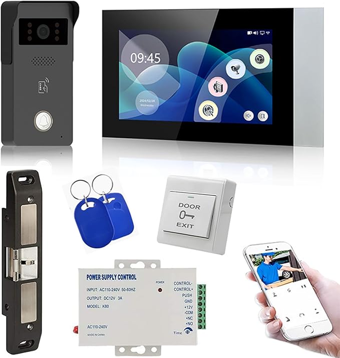 MENGQI-CONTROL LCD Video Door Intercom Access Control System Electric Strike Push Rod Lock for Panic Bar& Power Unit Full Kits Cards Phone App Remote Open