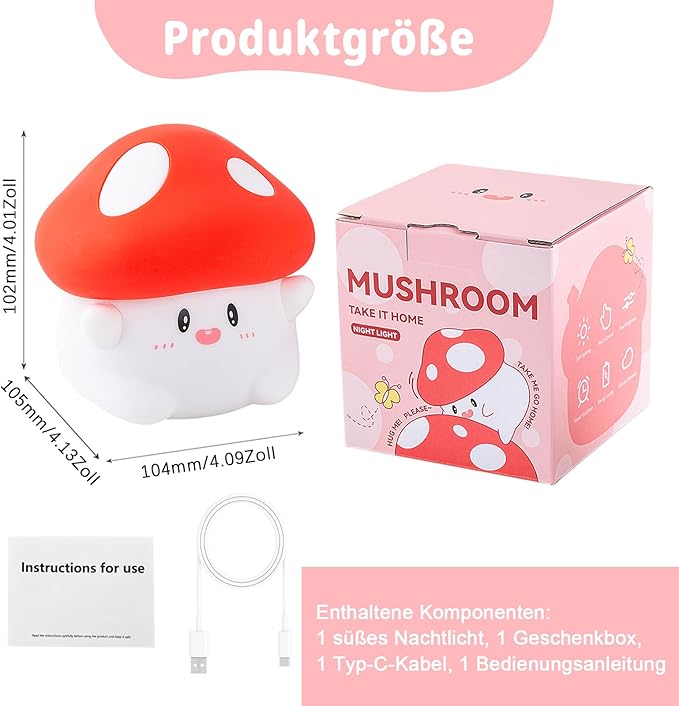 Rytinazzz Hug Mushroom Night Light, 50-Hour Battery & Pat Control, Squishy Lamp for Kids Bedroom, Girls, USB Rechargeable with Timer, Valentines Gifts