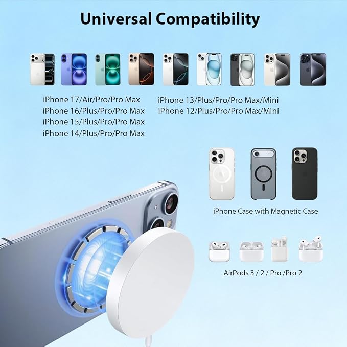 Magnetic Wireless Charger [Apple MFi Certified] 3.3FT 15W Fast Apple Mag-Safe Charger Pad with USB C Fast Charging Block Compatible with iPhone 17/Air/Pro/Pro Max/16/15/14/13/Plus/Pro/Pro MaxAirPods