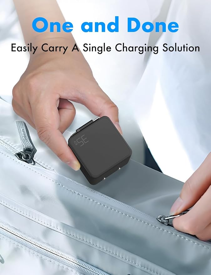 USB C Retractable Charger GaN PD 35W Charger Block Black | Type C Cable Portable Wall Phone Fast Charging Adapter Foldable Plug for iPhone 17/16/15 Pro Max/iPad/Galaxy/Pixel