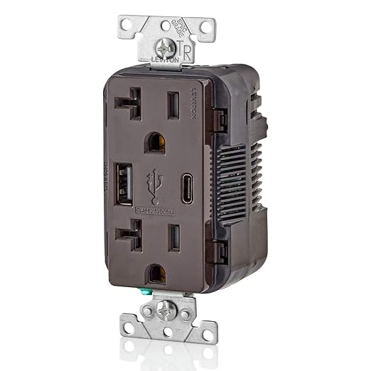 Leviton Type A &amp Type-C USB In-Wall Charger with 20A Tamper-Resistant Outlet USB Charger for Smartphones and Tablets. Not for Laptops T5833-E Black