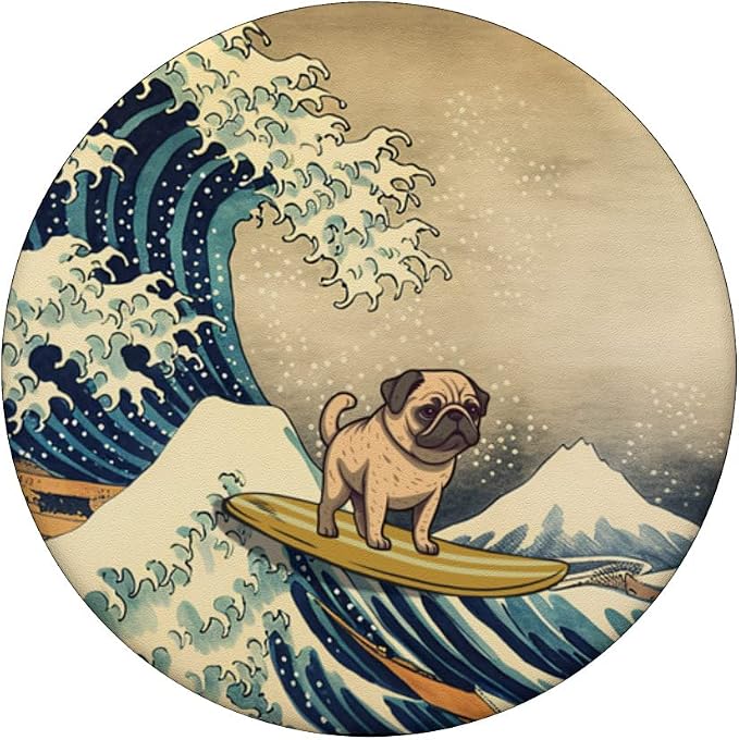 Surfing Pug Kanagawa Wave Japanese Dog Funny PopSockets Adhesive PopGrip