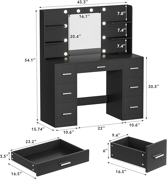 VICTONE Vanity Desk with LED Lighted Mirror&Power Outlet, 3 Model Lights Makeup Vanity Table with 7 Drawers and 6 Storage Shelves for Bedroom and Dressing Room (Black)
