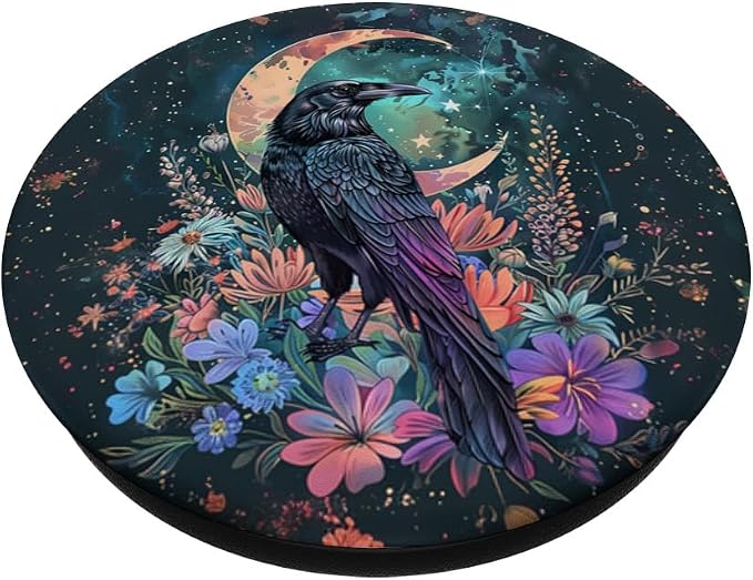 Boho Chic Flower Raven Crow Crescent Moon Black Bird Floral PopSockets Standard PopGrip