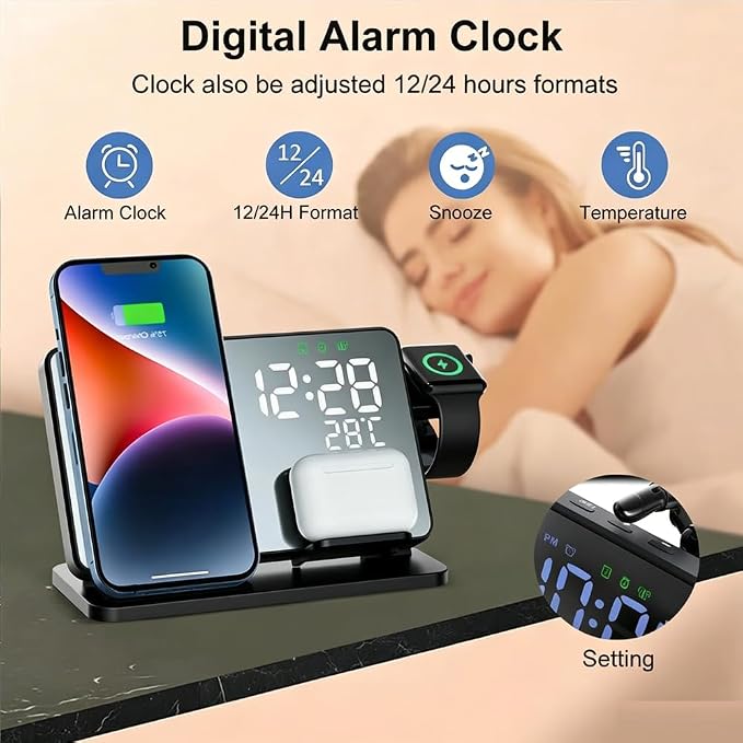 IHAO 3in1 Multifunctional Foldable Wireless Charging Station with LED Ambient Night Light Fast QC3.0 Charger for Phone iWatch Headphone Space-Saving Auto-Shutoff &amp Overcharge Protection-Black