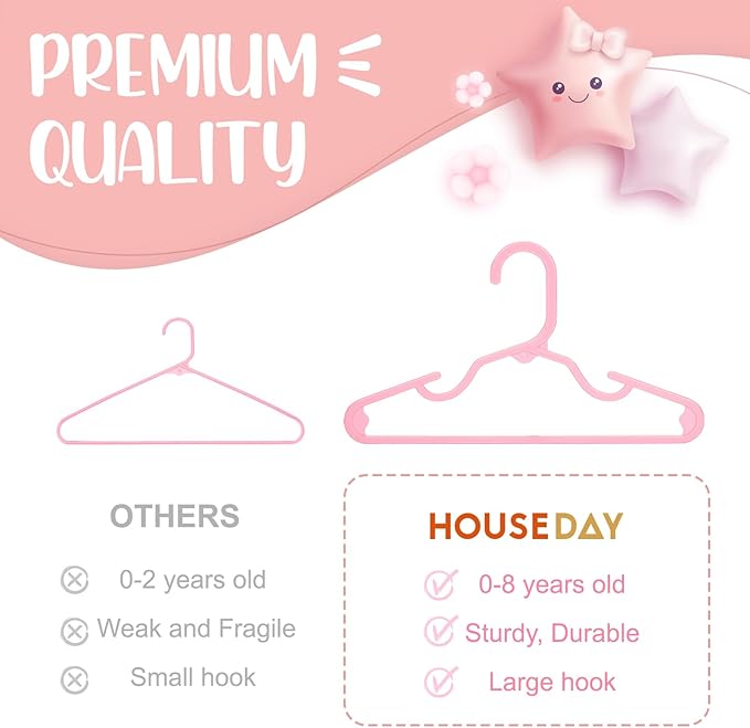 HOUSE DAY Plastic Baby Hangers for Closet 20 Pack, Durable Plastic Kids Hangers for Baby Clothes, Thin & Compact Childrens Hangers, Space Saving Pink Baby Hanger, Small Hanger for Kids Clothes