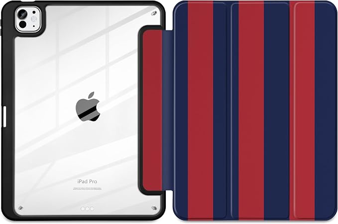 Case for iPad Pro 11 inch M5 2025 /M4 2024 Blue Ribbon Stripe | Blue Ribbon Stripe Folio Case with Clear Back Pencil Holder Trifold Stand and Auto Sleep/Wake for Preppy Aesthetic Users