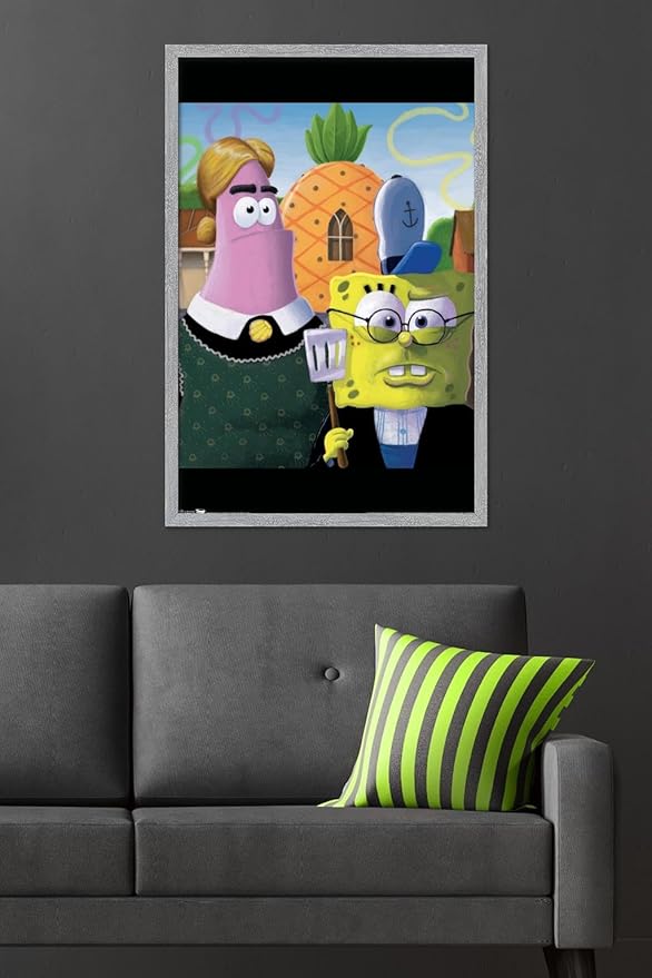 Trends International Nickelodeon Spongebob Squarepants - American Gothic Wall Poster, 34L x 22.4W, Gray Framed Version