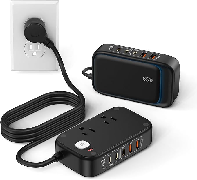 KWRNVO 7-in-1 Power Strip, 85W PD USB C Power Strip with 3 USB-C, 2 USB-A Ports and 2500W AC Outlet, Flat Plug Essentials for Home/Office/College/Travel (Black)