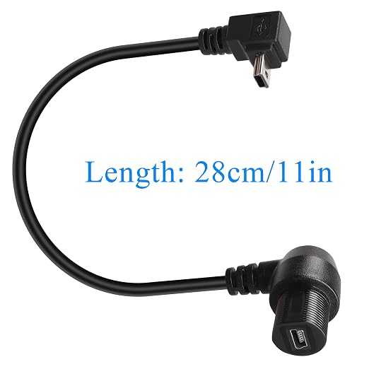 QIANRENON 90 Degree Angle Mini USB Panel Flush Waterproof Extension Cable Mini USB 5 Pin Right Angle Male to Female Panel Mount Cable Threaded to Dashboard or Panel28cm/11in (Down Bend)