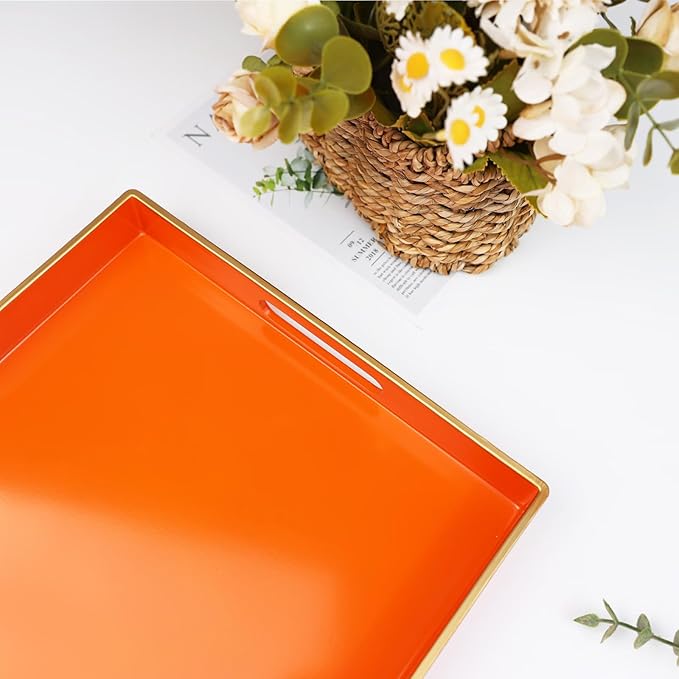 Spsyrine Orange Decorative Serving Tray with Handles, Elegant Plastic Coffee Table Tray for Ottoman, Living Room, Home Decor 15.6" X 10.2"