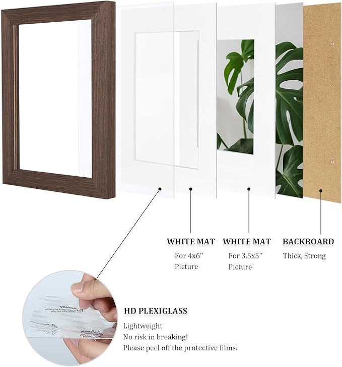 Egofine 4x6 Picture Frame Made of Solid Wood with Plexiglass, Display Pictures 3.5x5 with Mat or 4x6 Without Mat for Tabletop and Wall Mounting, Rustic Brown