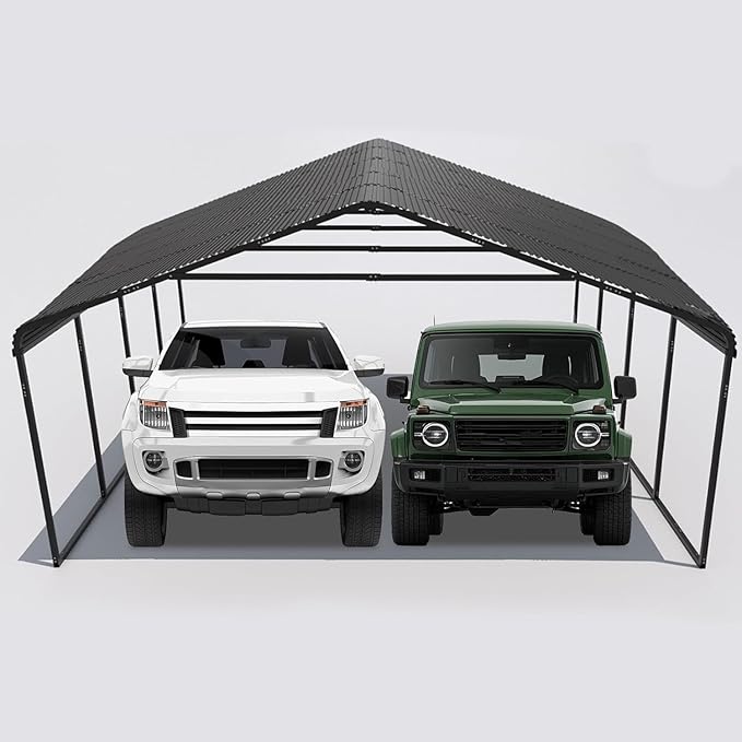 20x20 FT Heavy Duty Metal Carport with Galvanized Steel Roof & Frame - All-Weather Portable Garage Shelter for 2 Cars, Safe Boat Cover & Yard Protection