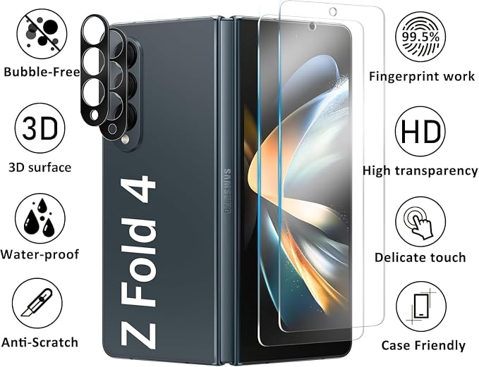 6 Pack for Samsung Galaxy Z Fold 4 Screen Protector | Camera Lens Protector with Installation FrameSupport Fingerprint Unlock Touch Sensitive Anti-Scratch Case Friendly