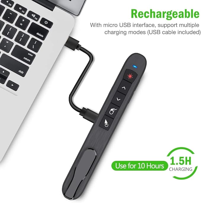 Air Mouse Green Presentation Remote Control USB Rechargeable Presentation Clicker Wireless Presenter RF 2.4 GHz Powerpoint Clicker Slide Advancer Changer Mac/Laptop/Computer