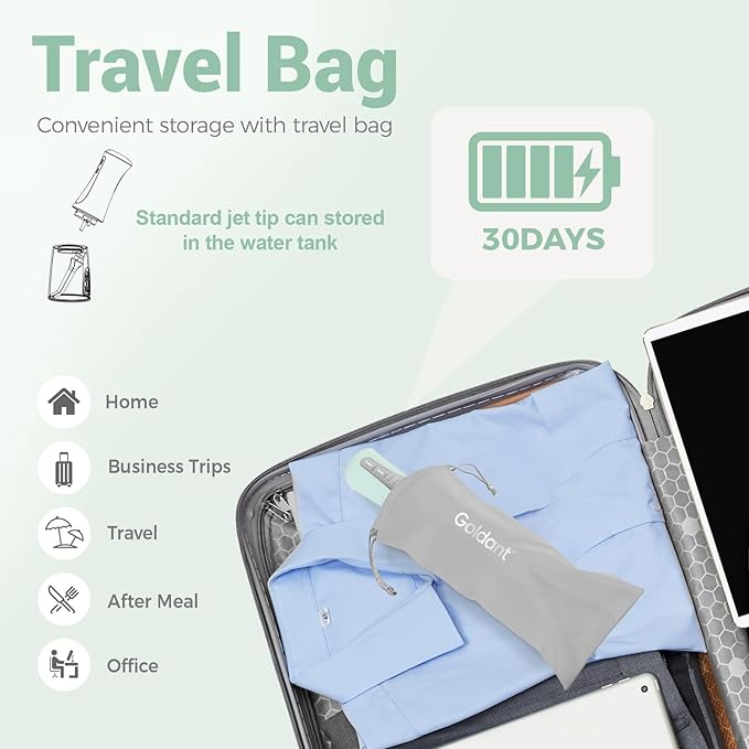 GOLDANT 350ML Water Dental Flosser Teeth Pick with Travel Bag, 5 Modes Portable Cordless Oral Irrigator Cleaner, Electric Rechargeable IPX7 Waterproof for Home Travel Teeth Cleaning flossing (Green)