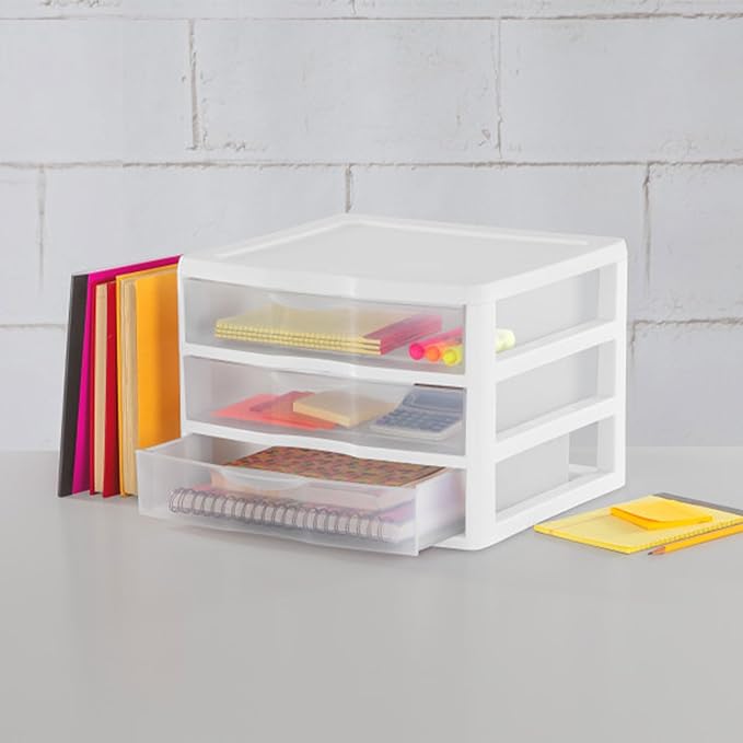 Sterilite 9-Pack Wide 3 Drawer Unit, Plastic Desktop Organizer with Clear Drawers, White Frame - Stackable Multi-Purpose Storage for Office Supplies, Craft Rooms, Classrooms and Home Organization