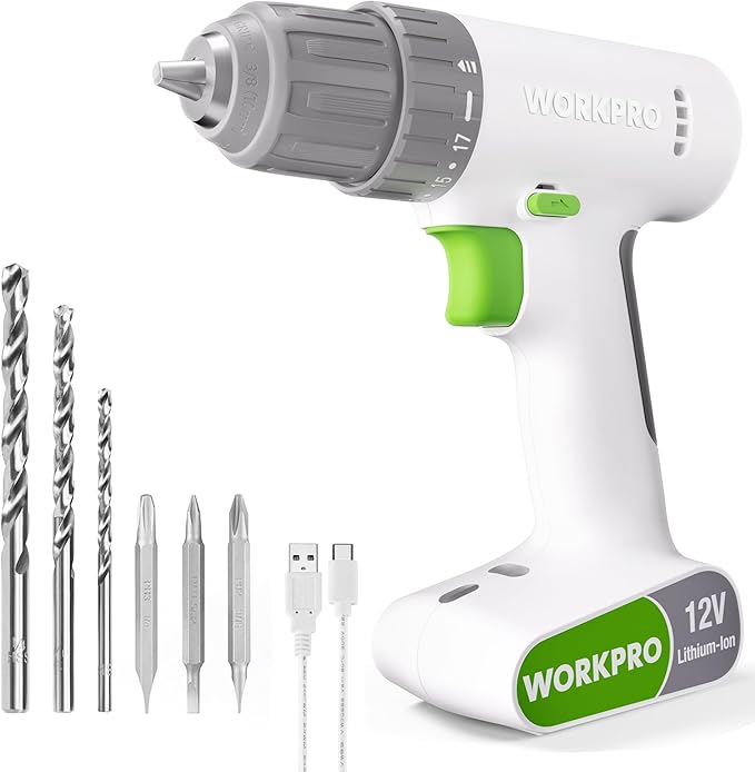 WORKPRO 12V Cordless Drill Driver Set, Electric Power Drill Tool Kit with 6 Pcs Bits, 3/8-Inch Keyless Chuck, Variable Speed, 18 Touque Setting, Type-C Charge Cable, Led Light, White