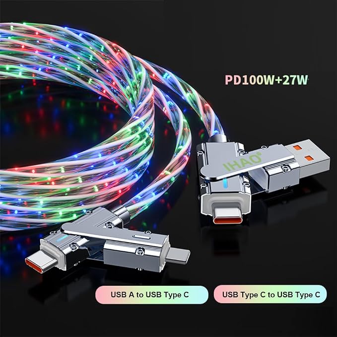 IHAO Multi Ports Charger Cable 3 Combinations in One Cable USB A to USB C/Micro USB PD Fast Charging Cord Lighted Up LED Flowing Compatible with Almost All Kinds of Electric Device-39Inches Blue