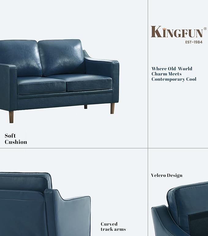 Kingfun 56" Faux Leather Sofa, Loveseat Couch, Mid Century Modern Love Seat Couches with Solid Wood Frame for Living Room & Bedroom, Royal Blue