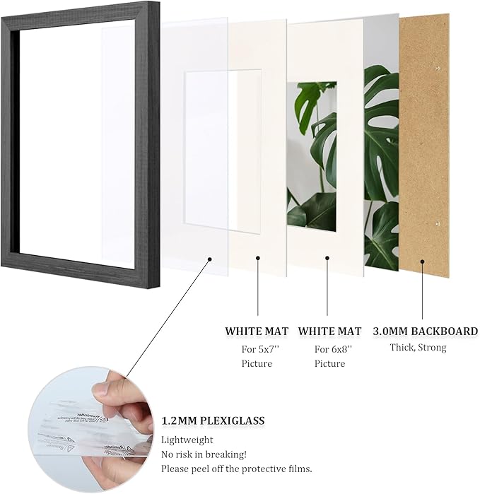 Egofine A4 Picture Frame Made of Solid Wood with Plexiglass, Display Pictures 4x6/6x8 with Mat or A4 Without Mat for Tabletop and Wall Mounting, Rustic Black