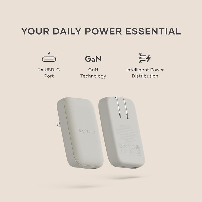 Satechi OntheGo 67W GaN Wall Charger PD 3.0 + PPS Dual USB-C Ports Black | Dual USB-C ports 45W+20W split-charging mode fits MacBook iPad iPhone 17 Galaxy Pixel Steam Deck