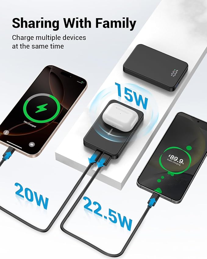 for Magsafe Portable Charger, Aluminum Alloy Small 10000mAh 20W PD Magnetic Power Bank, USB-C in&Out Wireless Battery Pack Phone Charger for iPhone 16/15/14/13/12 Plus Pro Max Series -Black